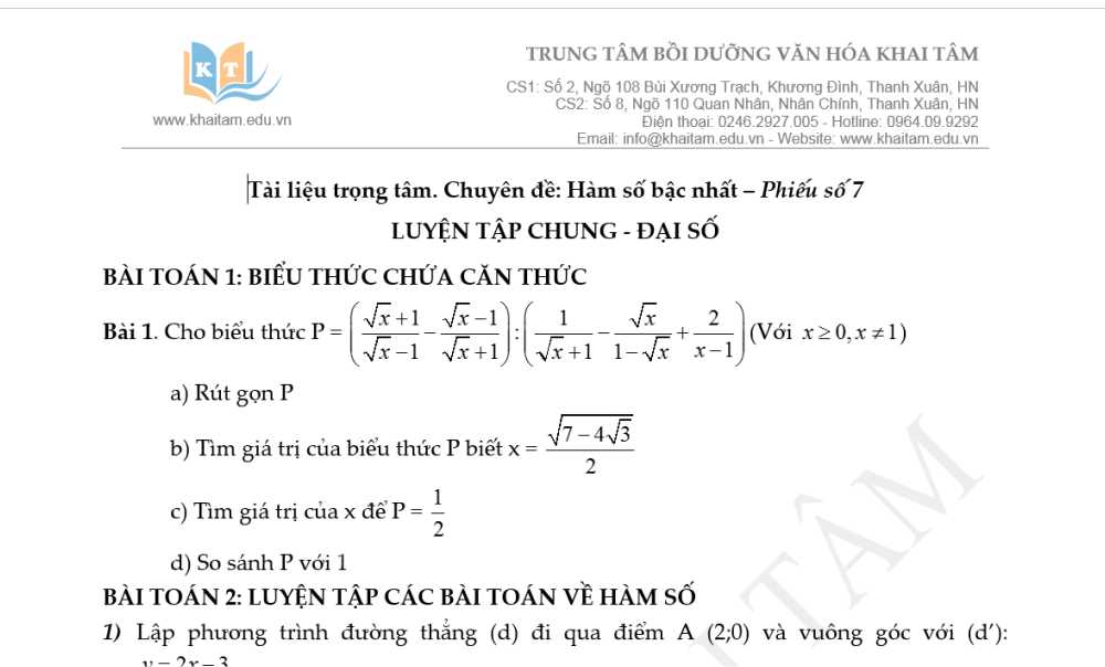 Toán 9: Tài liệu trọng tâm. Chuyên đề: Hàm số bậc nhất. Phiếu 7: Luyện tập chung